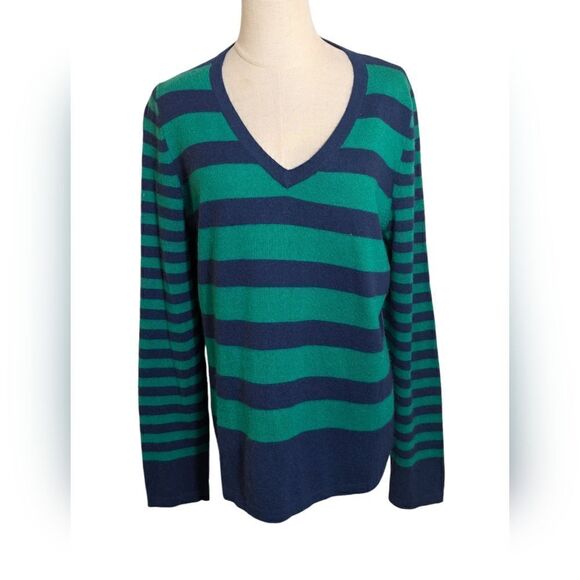 Lord & Taylor Blue & Green Striped Cashmere Cardigan Sweater - Picture 1 of 6